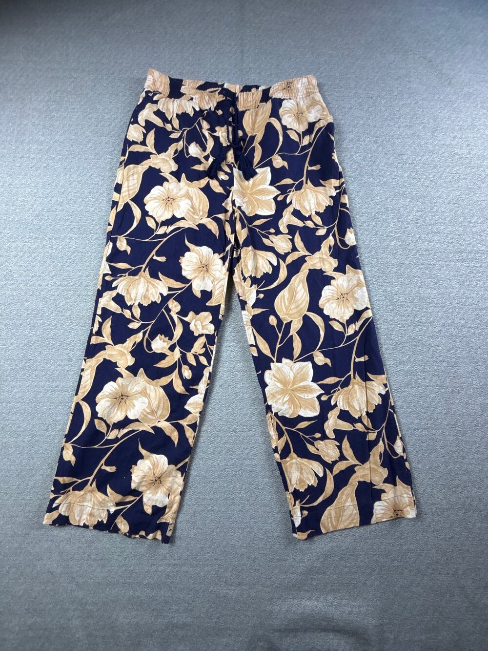Joie Sz L Linen Blend Pants Floral Tan & Navy Beach Resort Style Flowy Wide Leg